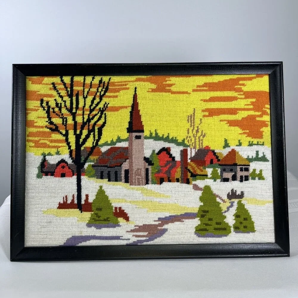Vintage MCM Needlepoint Landscape Of Church Village Framed 17” X 12” Winter
